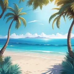 Tropical beach with palm trees and sea in painting style. summer holiday graphics, cheerful happy and festive design. Summer background