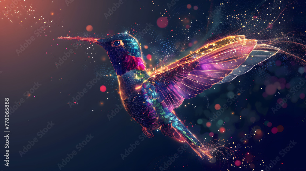 Poster a colorful hummingbird made of particles against a dark background. the hummingbird is in the style 