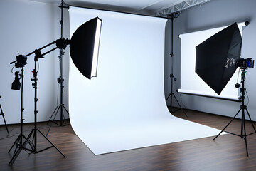 Photo studio with professional lighting equipment during shooting food