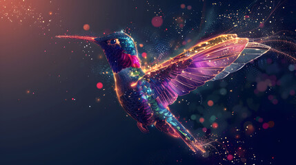 A colorful hummingbird made of particles against a dark background. The hummingbird is in the style of unknown artist - obrazy, fototapety, plakaty