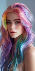 Naklejka premium beautiful model with long hair colored in vibrant rainbow colors fashion style