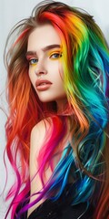 Naklejka premium beautiful model with long hair colored in vibrant rainbow colors fashion style