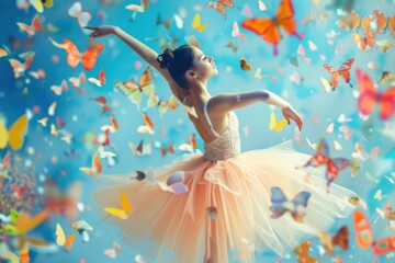 ballerina in a dress, on a background of colorful butterflies