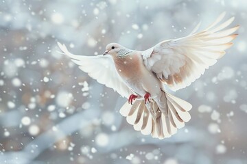 a white bird flying in the snow