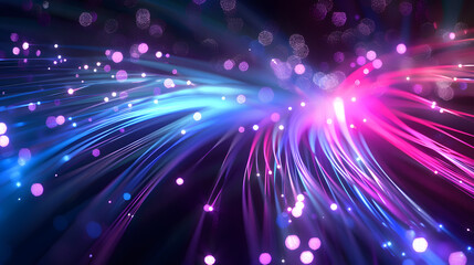 A detailed photograph of an abstract digital artwork featuring vibrant blue and purple glowing fiber optic cables - obrazy, fototapety, plakaty