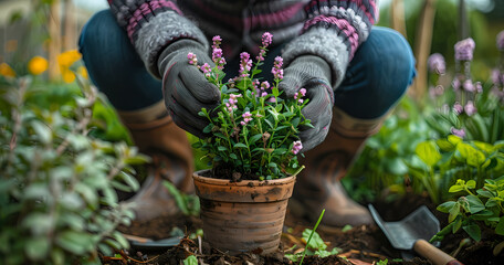 A person in cosy textured clothes carefully plants small flowers in a pot, symbolizing nurturing and growth