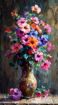 Bouquet of colorful flowers in a vase on the table. Oil painting.