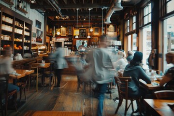Fototapeta na wymiar A bustling coffee shop scene with blurred customers in motion