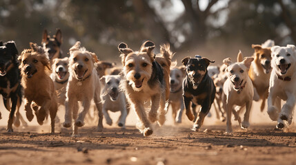 Naklejka premium a group of 100 dogs running directly into the camera