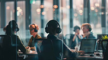 A group of call center workers wearing headsets and sitting at their desks