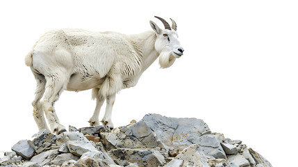 A serene mountain goat standing on rocky terrain, its face adorned with a gentle smile as it gazes into the distance - Powered by Adobe