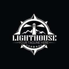 Vintage lighthouse circle logo illustration. Lighthouse logo design. Lighthouse by the sea with ocean water. Vector template. 