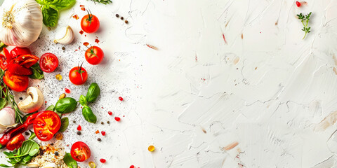 Fototapeta na wymiar Halved cherry tomatoes, basil leaves, garlic cloves, and spices on a textured white background.