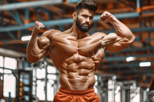 man bodybuilder flexing big showing off muscles