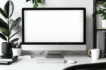Fotobehang Modern bright office with work desk and computer white mockup screen © Ольга Лукьяненко