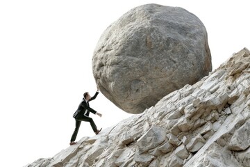 businessman pushing huge rock up the hill