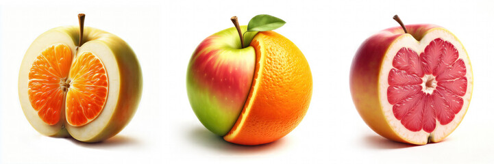 Vitamin fruit concept on white background. A unique fruit consisting of apple, orange or grapefruit. Unusual fruit with apple, orange and grapefruit flavour. Multifruit juice concept on white backgrou