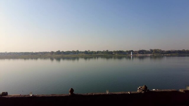 Maheshwar, Madhya Pradesh, INDIA - February 24, 2024, Exterior View of the scenic tourist landmark Maheshwar fort (Ahilya Fort) and temple. This monument is on the banks of the Narmada River.