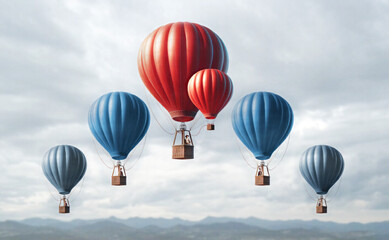 Fototapeta na wymiar Business competitive advantage success as a group of hot air balloons racing to the top but an individual leader winning the competition with a small hot air balloon
