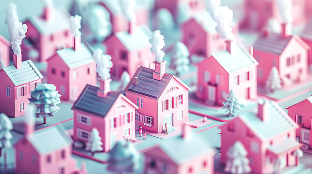 Pastel Suburbia: A Miniature Neighborhood. A whimsical miniature neighborhood bathed in pastel pink hues, with stylized houses and frosted trees, depicting a dreamlike suburban scene.
