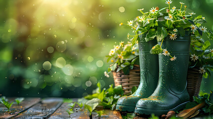 Vibrant gardening scene with green garden boots filled with blooming plants in a bright, sunny setting