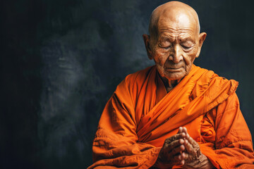 sit portrait of an old bald monk meditating on a black background
