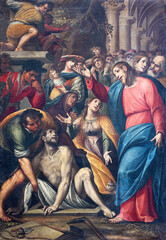 MILAN, ITALY - MARCH 6, 2024: The painting Resurrection of Lazarus in the church Chiesa di Santa Maira del Carmine by Giovan Mauro della Rovere - il Fiammenghino (1618).