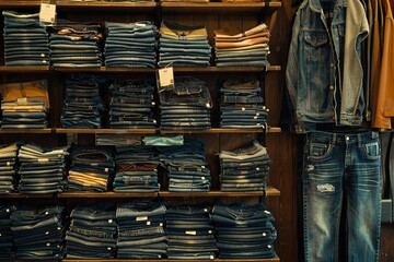 Store Clothes Boutique Pants Shelves Jeans Denim Jean. Generative Ai