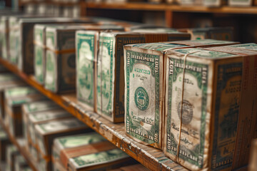 Stacks of Dollar Bills on a Shelf in a Store - obrazy, fototapety, plakaty