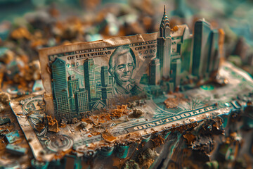 Dollar Bill Overlooks Building - obrazy, fototapety, plakaty