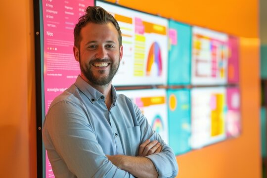 A smiling digital marketer with vibrant color screens displaying successful e-commerce campaigns on the background .