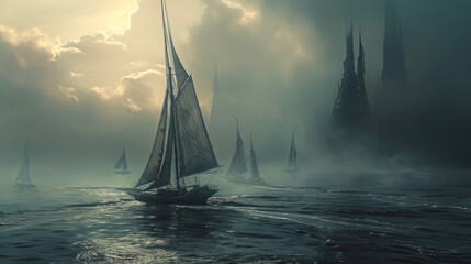 Futuristic sailboats built to survive in a desolate world - obrazy, fototapety, plakaty