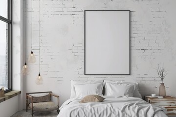 The 3D render of a mock-up blank poster on a bedroom wall. Generative Ai