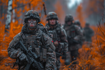 Fototapeta premium Group of Soldiers Walking Through a Forest