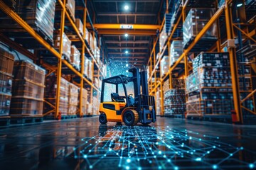 Forklift doing storage in warehouse by artificial intelligence automation. Robotics applied to industrial logistics