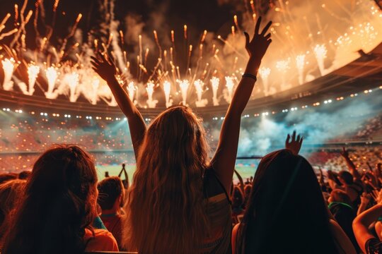 Fans celebrate in Stadium Arena night fireworks
