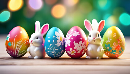 Easter Bunny surrounded by colorful eggs in a vibrant spring scene, background ,Banner