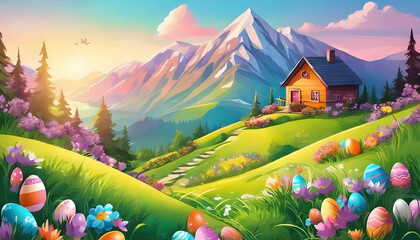 Fototapeta premium Easter Bunny surrounded by colorful eggs in a vibrant spring scene, background ,Banner