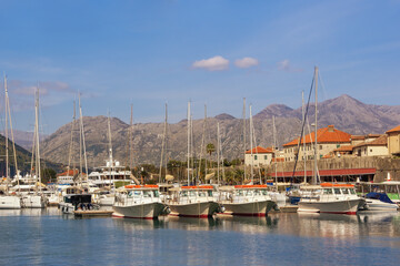 Beautiful Mediterranean landscape. Montenegro, Adriatic Sea, Bay of Kotor. View of port near Old Town of Kotor