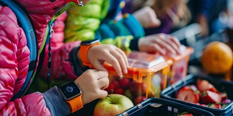 A detailed image of children's wrists wearing smartwatches after school, with nutritious mealboxes in hand. - obrazy, fototapety, plakaty