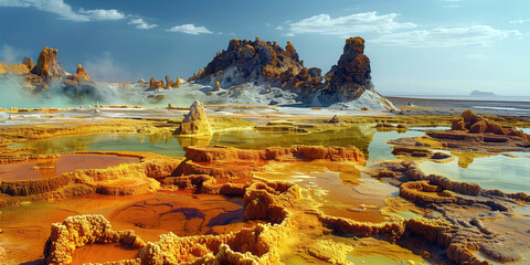 amazing landscape with hot springs, vibrant sulfur deposits and volcanic rocks - obrazy, fototapety, plakaty