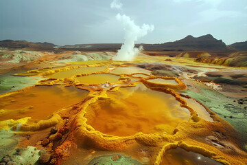 hot hydrothermal springs with bright mineral deposits in a volcanic area in the desert