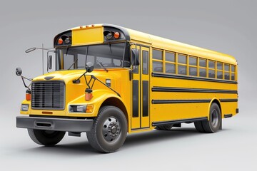 Yellow school passenger bus isolated on light gray background