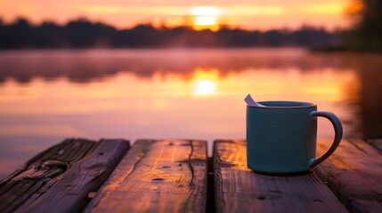 A serene sunrise scene with a coffee mug on a rustic wooden pier overlooking a tranquil lake, perfect for themes of solitude and reflection. - obrazy, fototapety, plakaty
