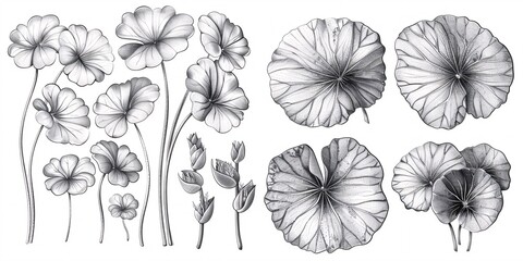 A set of hand-drawn illustrations featuring gotu kola Centella asiatica flower and leaf in a graphic, engraved style for use on labels, stickers, menus, and packaging. - 778072005