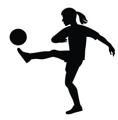 Black silhouette of a junior women's football girl player in profile hitting the ball on a white background