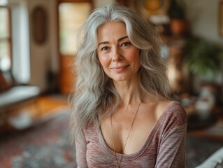 Obraz premium Beautiful mature senior woman at home in the living room smiling at the camera