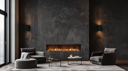 modern dark interior with fireplace