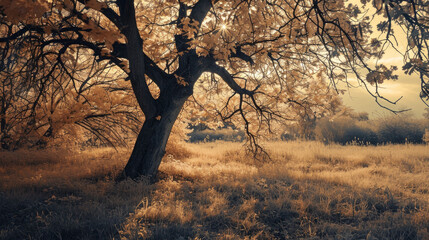 Tree depicted using the color palette of vintage film, with tranquil expressions and elegant postures - obrazy, fototapety, plakaty