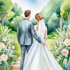 Ślub para młoda w ogrodzie ilustracja - obrazy, fototapety, plakaty